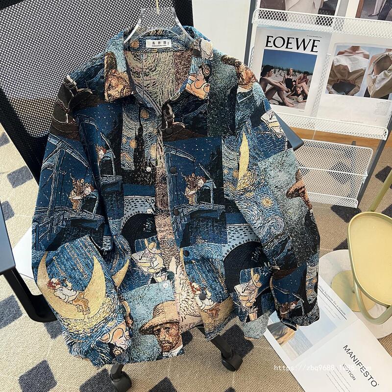 Lattice Birch American vintage Vintage Van Gogh Oil Painting Shirt Men's Long Sleeve Top Trendy Brand Art Life Shirt Casual