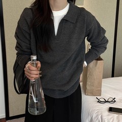 软糯polo翻领毛衣女内搭秋冬复古港味慵懒风上衣休闲针织打底衫女