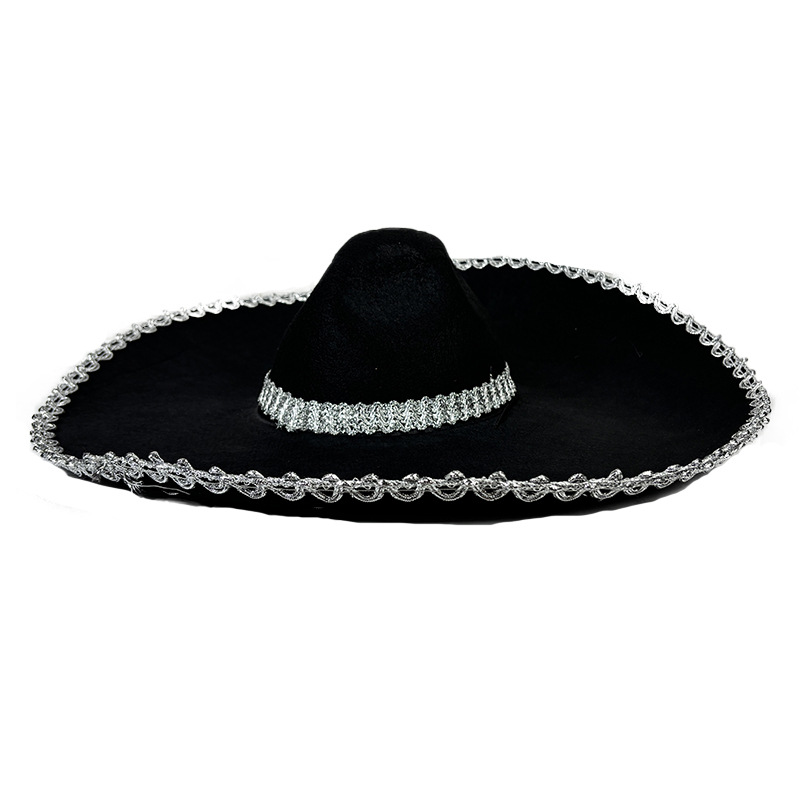 Mexican Silver Edge Big Rim Hat Halloween Black Silver Edge Stage Decorative Hat Zorro Shawl Hat Performance Hat