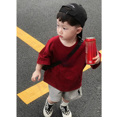 Children's Retro Hong Kong Style Red Streetwear Cotton Short-Sleeve T-Shirt Summer Outfit Loose Medium and Small Kids Stylish Top
