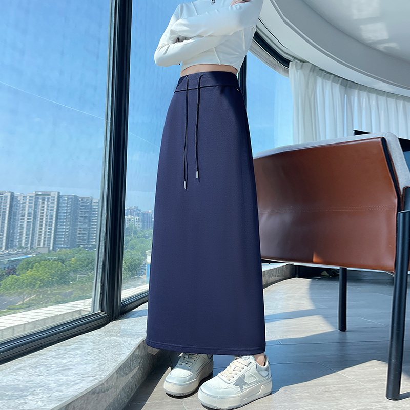 藏青色空气棉半身裙女秋季抽绳时尚后开叉包臀裙修身一步直筒卫裙|undefined