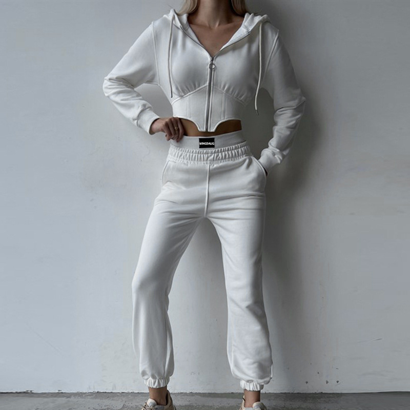 solid color Knitted Retro Fishbone Long Sleeve full zipper Hoodie Trousers lounge set NSAFS137823