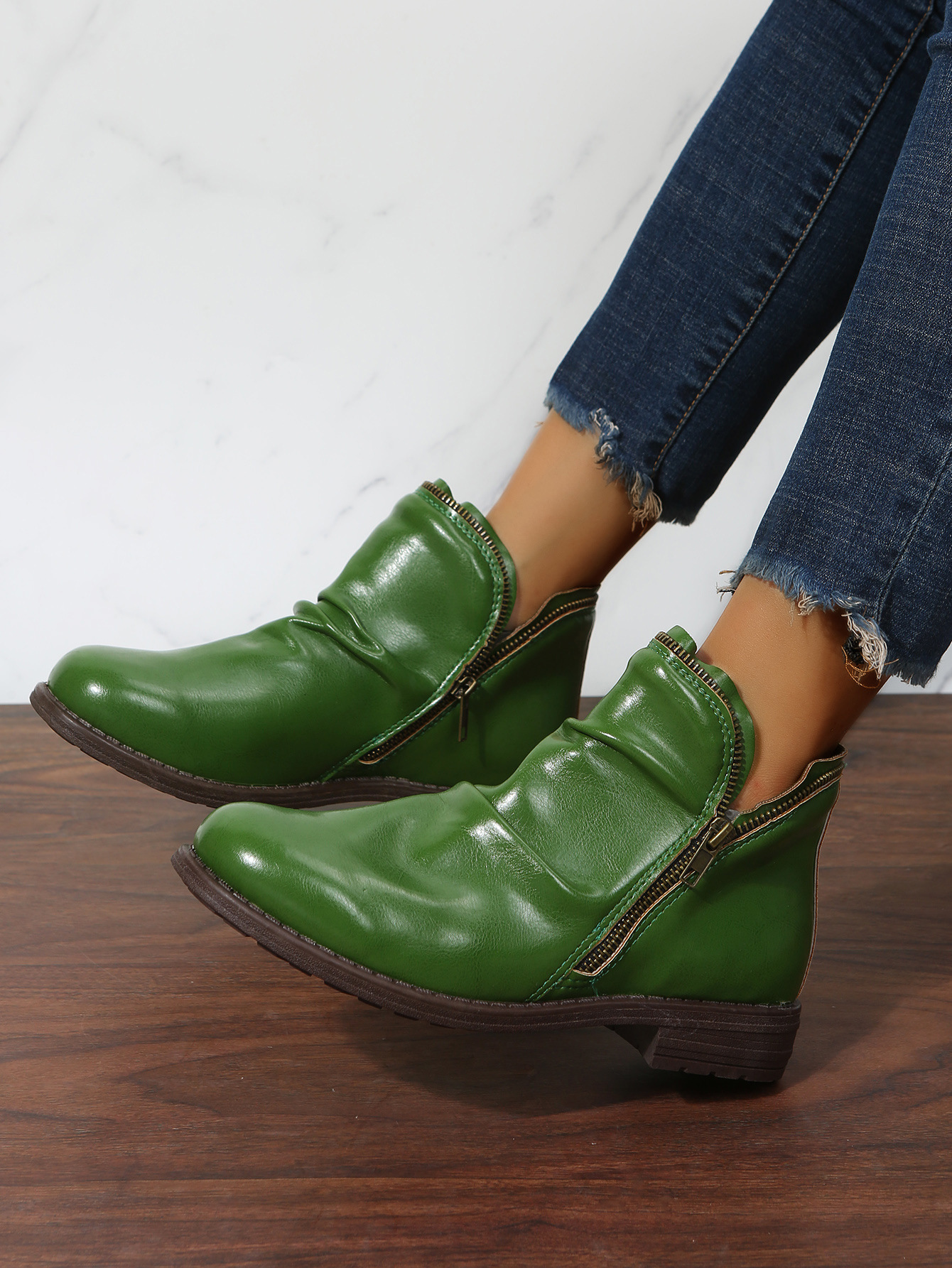 New low heel chunky round toe double zipper boots for women_voghion.com