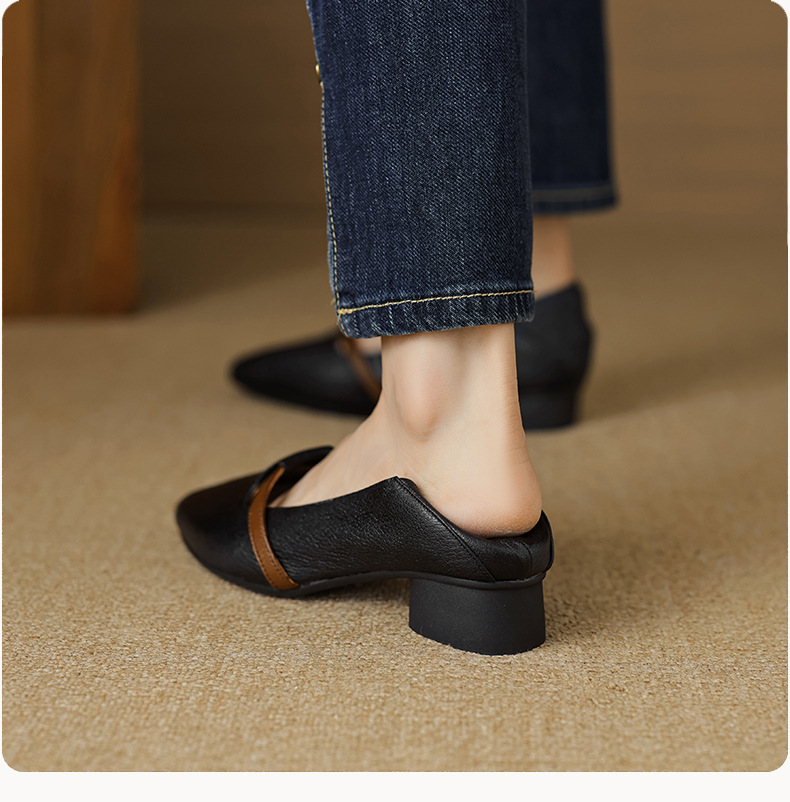 Giày cao gót nữ mũi nhọn da cừu gót thô 5 cm phối màu — đen chi tiết 9