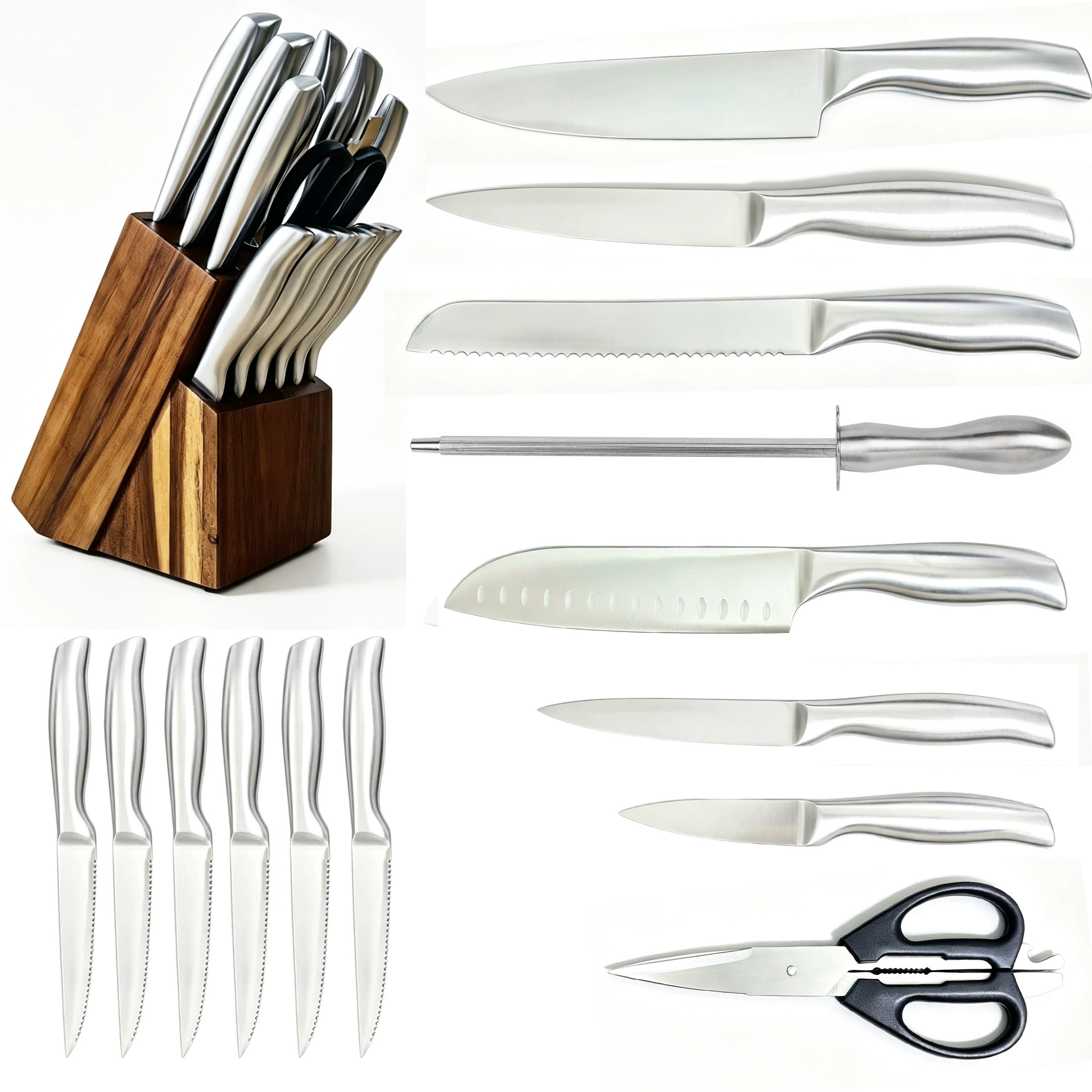Amazon acero inoxidable hueco cuchillo conjunto de 15 piezas cuchillo de cocina cuchillo de frutas cuchillo de filete cuchillo de madera asiento fábrica Yangjiang
