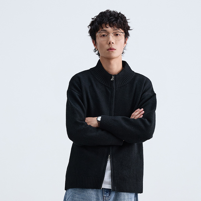 双拉链秋冬加厚日系复古毛衣男女中性街头针织衫情侣开衫外套|undefined