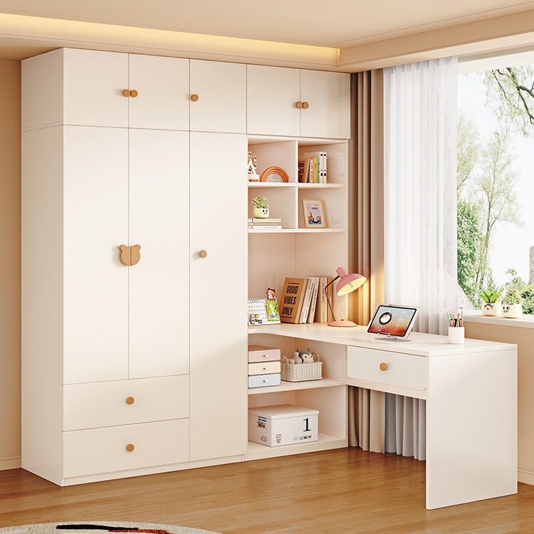 Solid Wood Wardrobe Home Bedroom with Desk Integrated Children's Room Home Corner Computer Desk Bedroom Combination Wardrobe