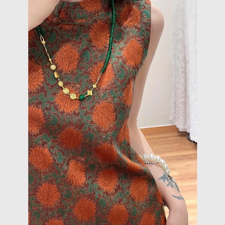 Chinese Style Women's Clothing Chinese Style Orange Jacquard Sleeveless Shirt Mid-Length Summer Oblique Placket Buttoned Tang Suit Vest