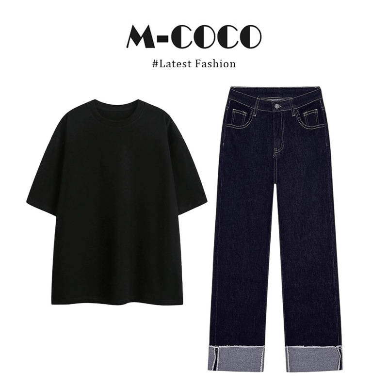 Korean-Style Fashionable Black Solid Color Short-Sleeve T-Shirt Top Paired with Straight-Leg Jeans Set Korean-Style Fashionable Black Solid Color Short-Sleeve T-Shirt Top Paired with Straight-Leg Jeans Set