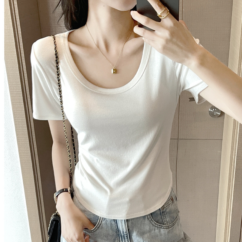 엄선된 Douyin 라이브 방송 여성용 반팔 티셔츠, 새로운 여름 얇은 스타일, U넥 바닥 셔츠, 외부 착용용 흰색 짧은 탑