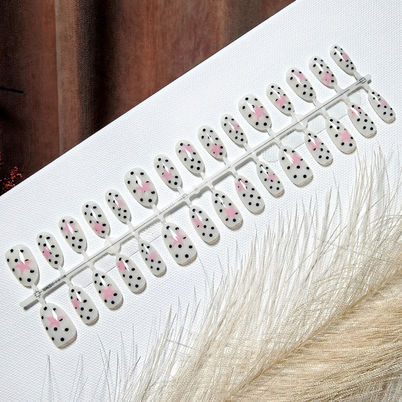 S744-Pre-made nails, full-length pink star wave pattern, short style, wearable nails, gentle and energetic, ins-style retro, detachable nail pieces