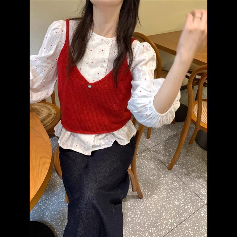 甜美套装春秋宽松雏菊灯笼袖衬衫女+叠穿针织小吊带背心两件套ins|undefined
