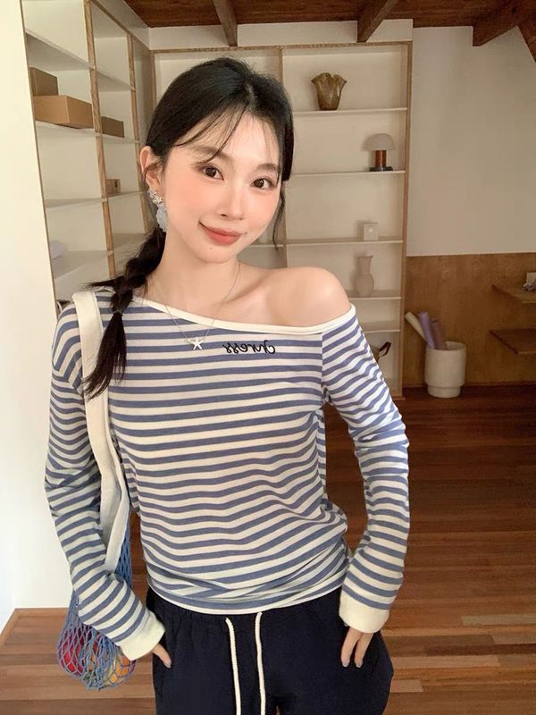 2025夏秋季新款设计感薄款长袖T恤女拼色条纹上衣慵懒风|undefined