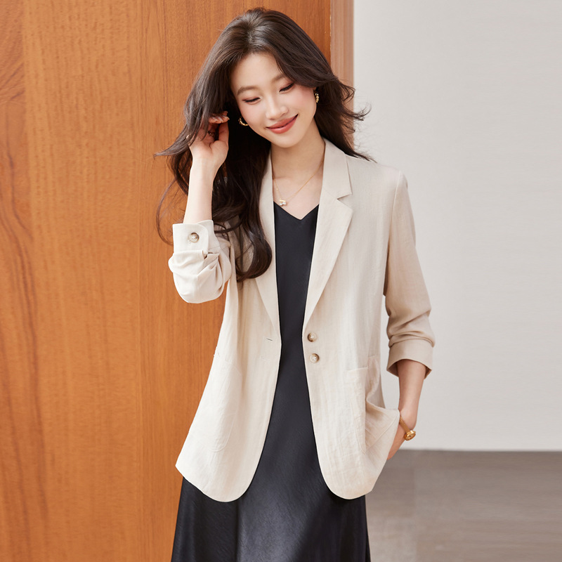 Cool and breathable linen blazer, women's mid-length thin suit jacket, loose-fitting oversized sun protection suit skirt.