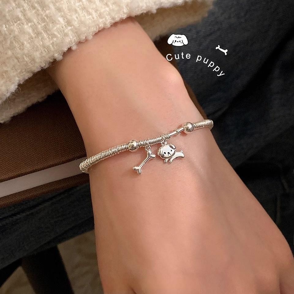 Sterling Silver Puppy Eating Bone Entangled Bracelet Light Luxury Niche Exquisite Girlfriend Beaded Jewelry for Women