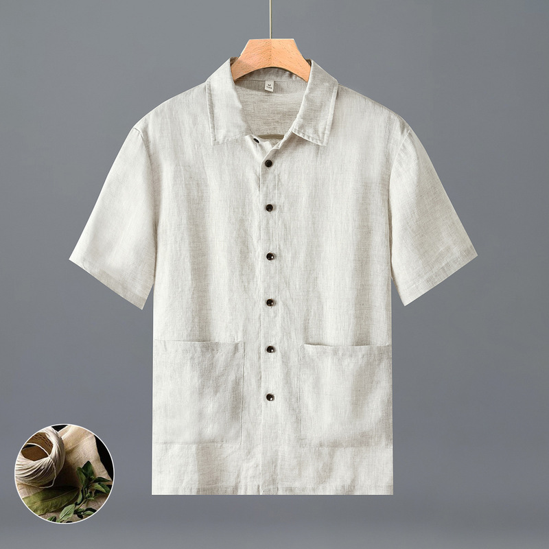 H015 Japanese Linen Fresh Short-Sleeve Shirt for Men, Versatile, Artistic, Casual, Loose, Breathable Top, Available for Dropshipping