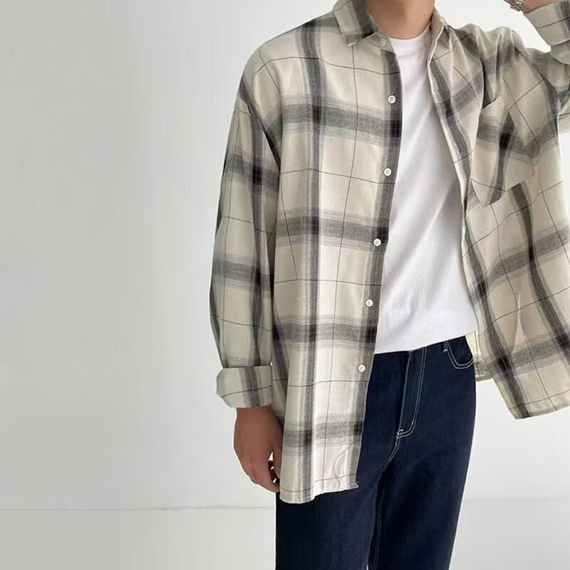 Plaid Long-Sleeved Shirt Men's Spring and Autum Trend Ins Casual Summer Thin Jacket Hong Kong Style Loose Shirt