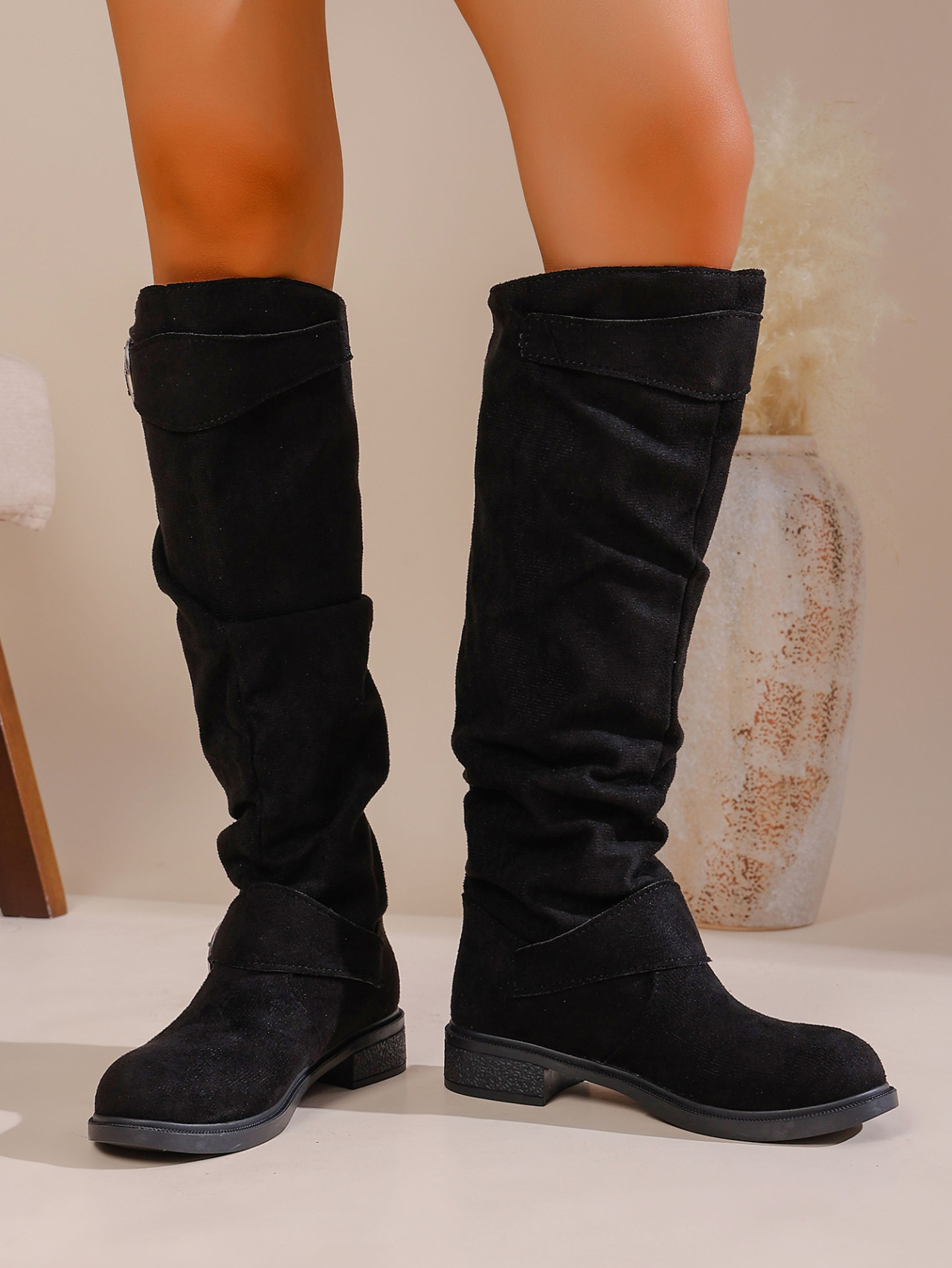 Women's High Top Pleated Belt Buckle Boots Suede Slip on Retro Riding plus Size Winter New Style_vogvips.com