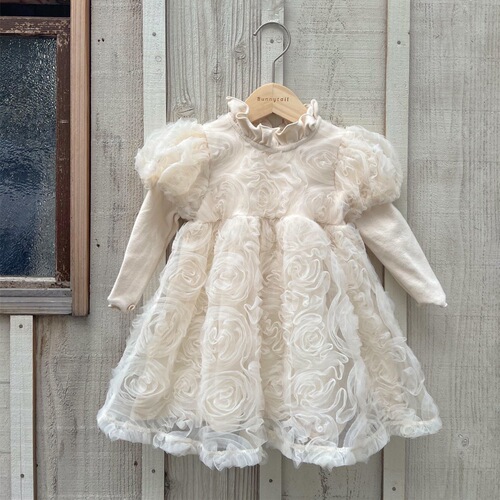 Korean style baby girl's style three-dimensional flower mesh puff sleeve dress ins soft cotton princess dress for small and medium-sized children