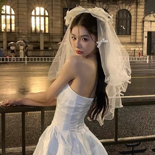 Vampire Bride Halloween Ghost Bride Veil Black and White Wedding Dress Bow Headdress Funny High-End Hair Accessories