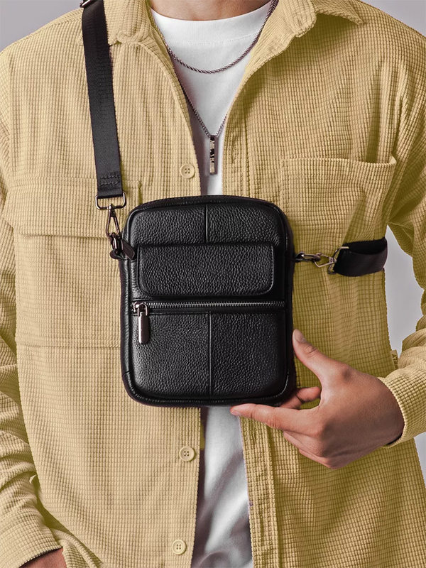 Túi đeo chéo nam da bò thật phong cách retro, túi đựng điện thoại tiện lợi — Mẫu vải thiều đen 7350, 7350 đen trơn, 7350 da dầu màu nâu, 7350 Da Ngựa Điên Nâu