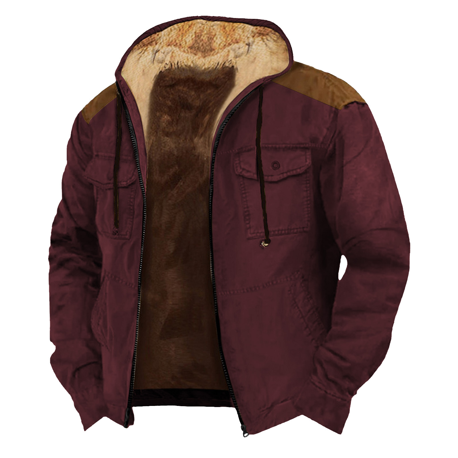 2023 transfronteriza europea y americana patrón de color sólido impresión 3D Impresión digital suéter con capucha forro marrón bolsillo algodón