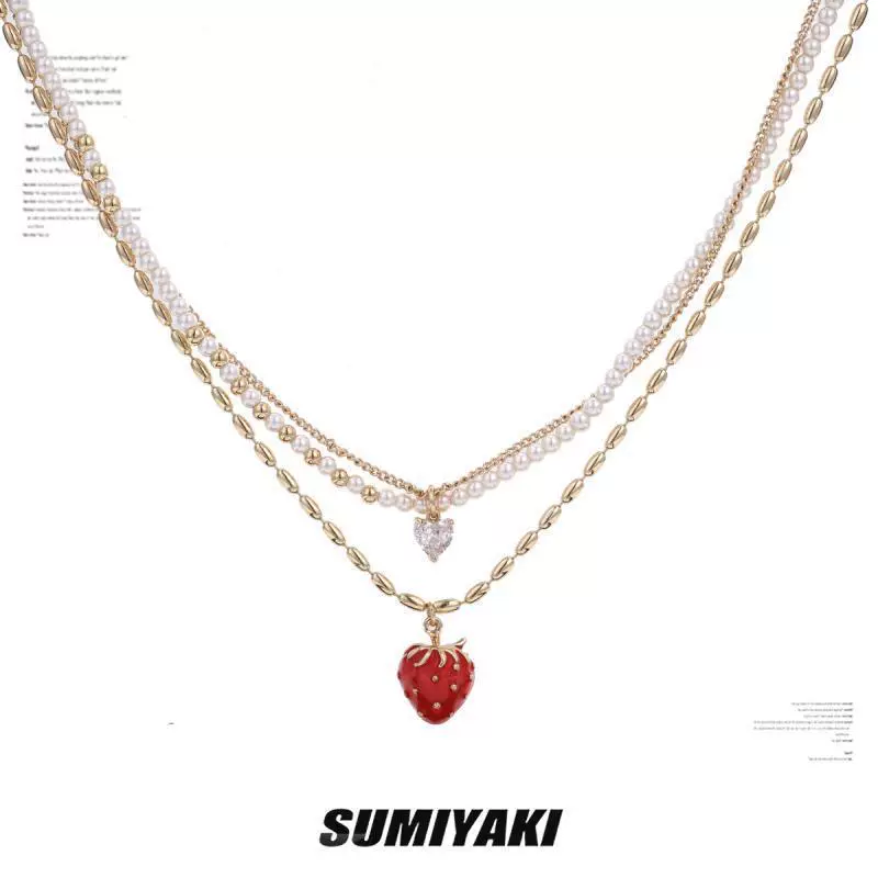 2024 Золотая клубничная серия, многослойное жемчужное ожерелье, нишевый подвесной светильник, роскошь и ощущение высокого класса