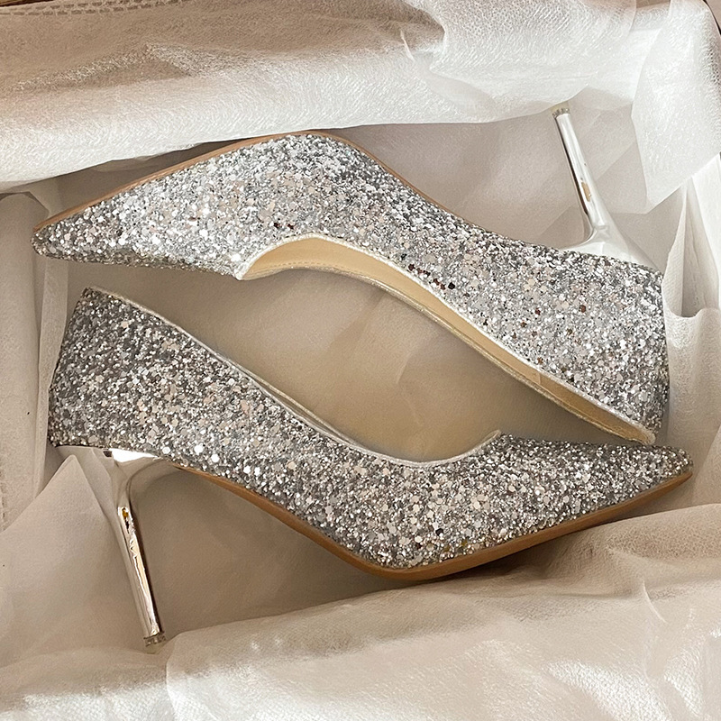 Pointed Toe Shallow High-Heeled Shoes for Women 2026 New Style French Sequined Stiletto Wedding Shoes Exquisite Crystal Silver Large Size 41