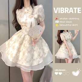 法式茶歇在逃公主连衣裙女夏季2025新款小个子收腰显瘦蓬蓬短裙子