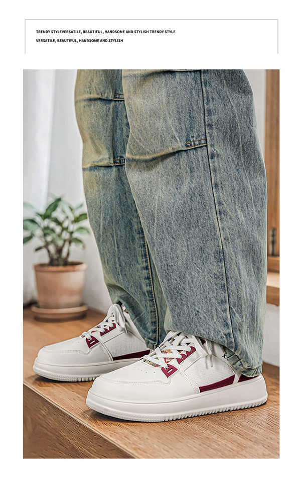 Giày sneaker cổ thấp mũi tròn rộng, đế dày tăng chiều cao, mặt da chống nước, dây buộc — Bạch tửu đỏ 8811, Trắng kaki 8811, Trắng đen 8811 chi tiết 22