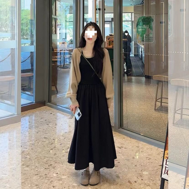 早秋时尚穿搭套装女高级感遮肉显瘦针织拼接吊带开衫两件套|undefined