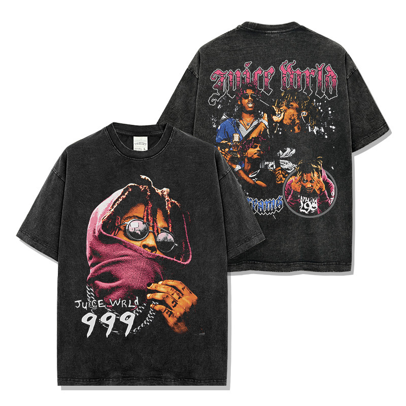 Cross-border American Retro JUICE WRLD Printed Short-sleeved T-shirt Loose Casual Heavy-duty Round Neck Hooded Sweat for Men Cross-border American Retro JUICE WRLD Printed Short-sleeved T-shirt Loose Casual Heavy-duty Round Neck Hooded Sweat for Men