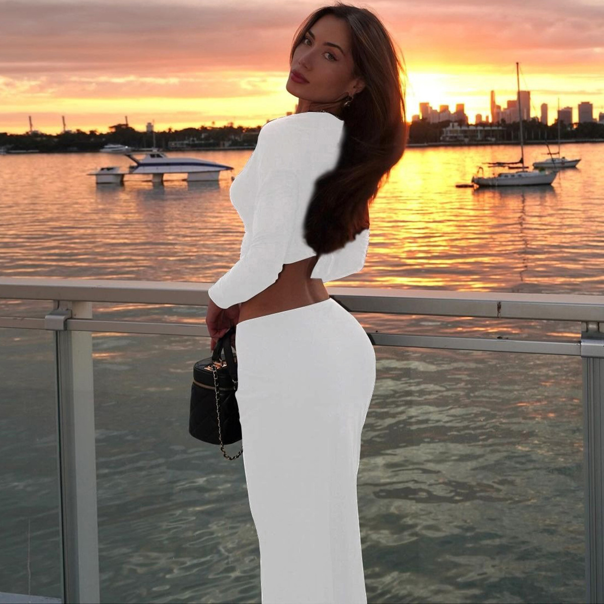 2024 Autumn Winter European And American Hot-Selling Women's Fashion New Fashionable Crop Top Long Sleeve Slim Fit Skirt_ecoleips.com