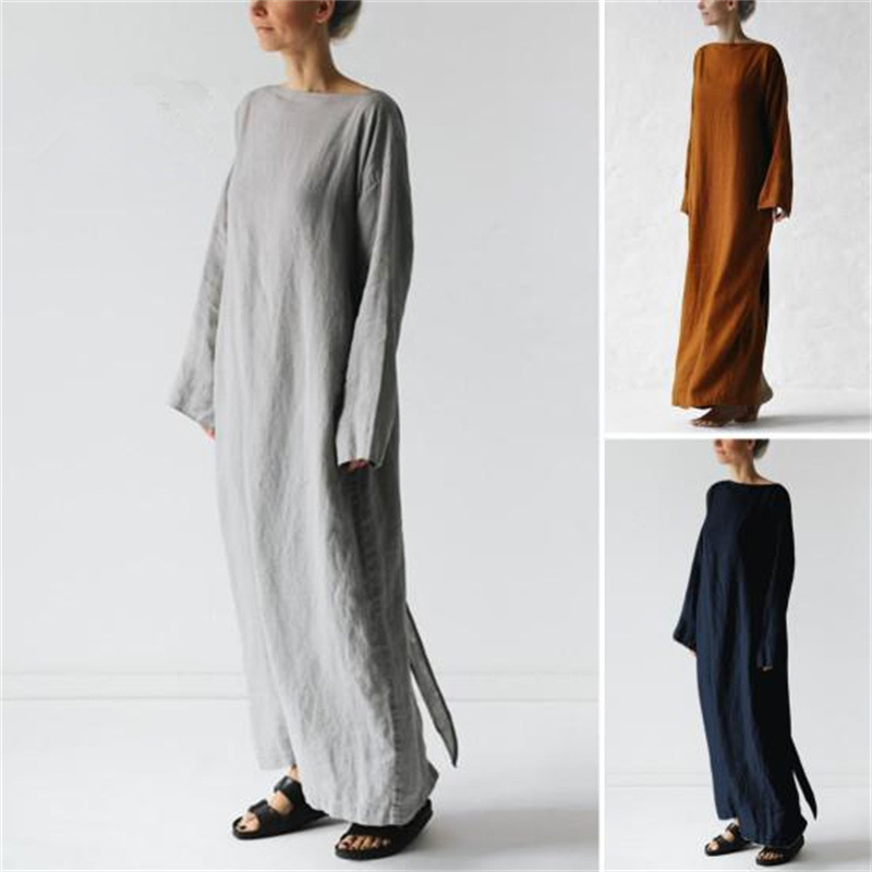 Amazon Cotton and Linen Long Skirt, Long Sleeves, One-Line Collar, Solid Color Japanese Dress, Fairy-Like and Versatile