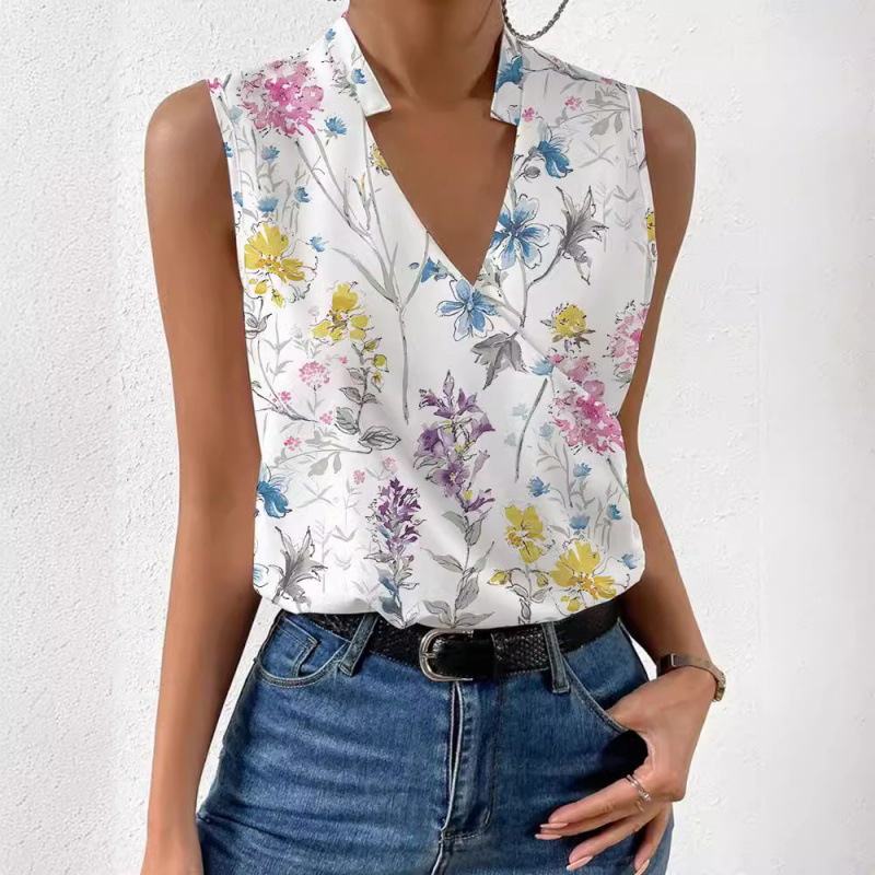 2023 Summer New Women's Printed V-Neck Tops and Shirts with European and American French Design Sense