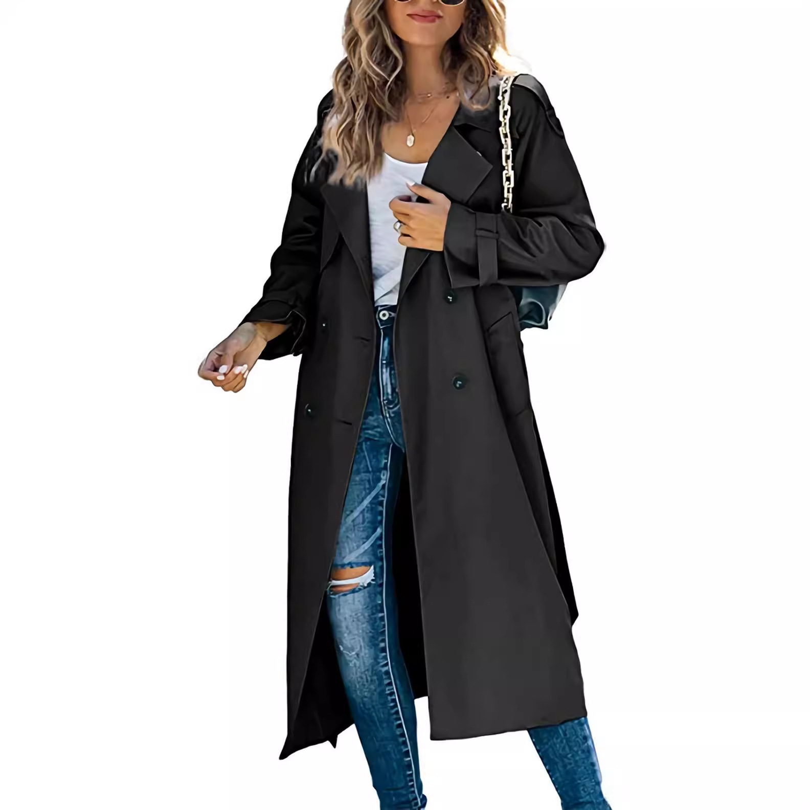 Elegant Women's Trench Coat With Lapel Collar - Long Sleeve Casual Overcoat For Autumn & Winter - Pure Color Fashion Outerwear_voghion.com