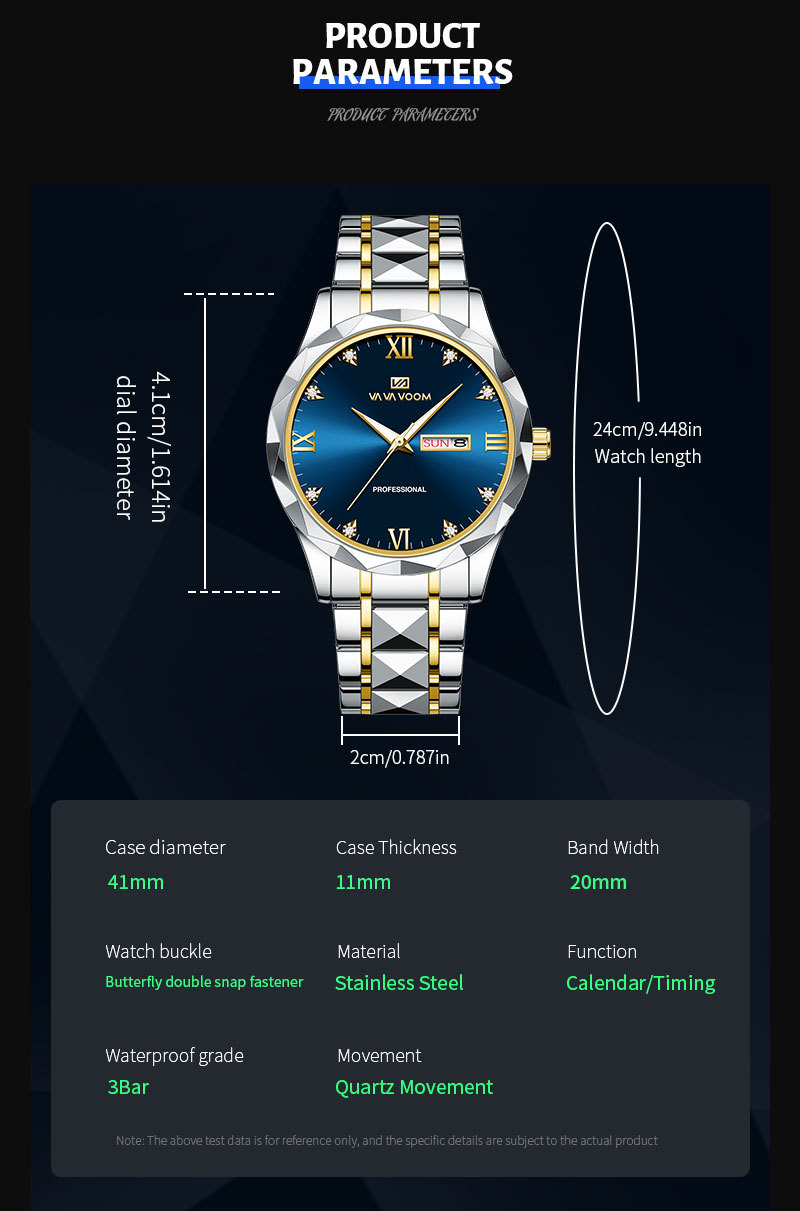 Neue Uhr Doppel Kalender Woche Bewegung Niete Edelstahl Kette mit Diamant Herren Einfache Quarz Wasserdichte Uhr_voghion.com