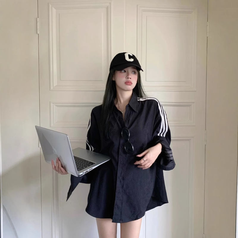 Autumn Versatile Sports Shirt Short Jacket for Women, Loose Niche Striped Korean Design Thin Casual Outerwear Top