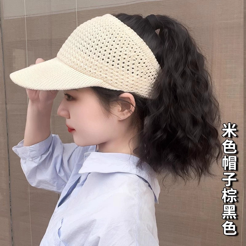 新しい小さなラベルの帽子とウィッグ一体型ウールカーリーハイポニーテール中空サンシェード日焼け止め春、夏、秋の空のトップハット|undefined
