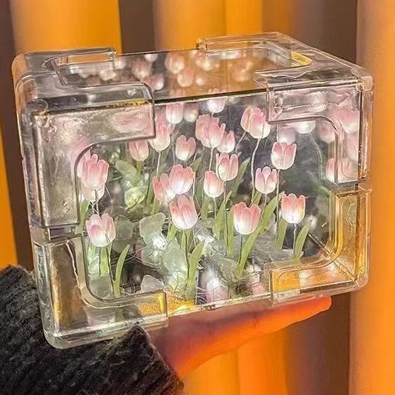 Diy Tulipan flores mar lámpara de noche espejo rectangular pareja novia Día de San Valentín Diy lámpara caja de regalo ramo de flores iluminado