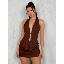 T 71674 Ruffled halter two-piece set ��Ҷ�߹Ҳ�¶����װ