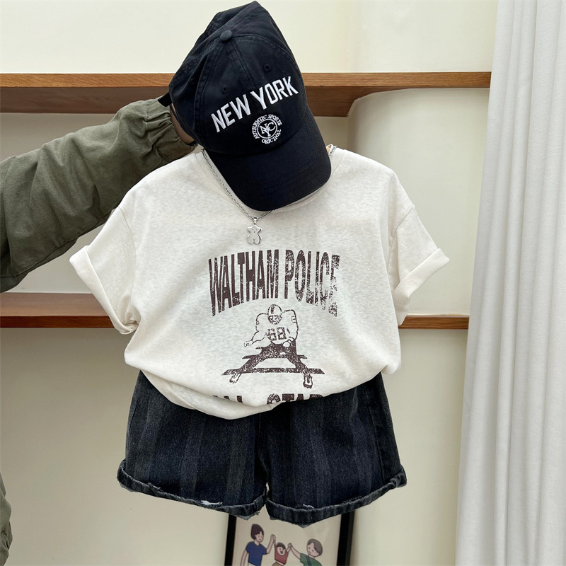 Boys summer American distressed shorts, children's dark cut denim loose casual pants, 5/4 pants_voghion.com