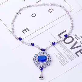 欧美跨境配饰高档太阳花项链微镶镀K金长款蓝石花卉女士项链