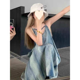 美式复古吊带连衣裙女夏季晕染牛仔蓝小众宽松长裙