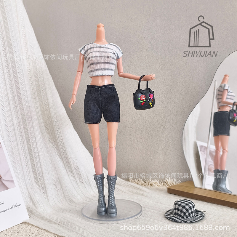 Cross-Border 11-Inch 30cm Barbie Doll Striped T-Shirt Denim Shorts Casual Style Princess Dress-Up Clothing Accessories