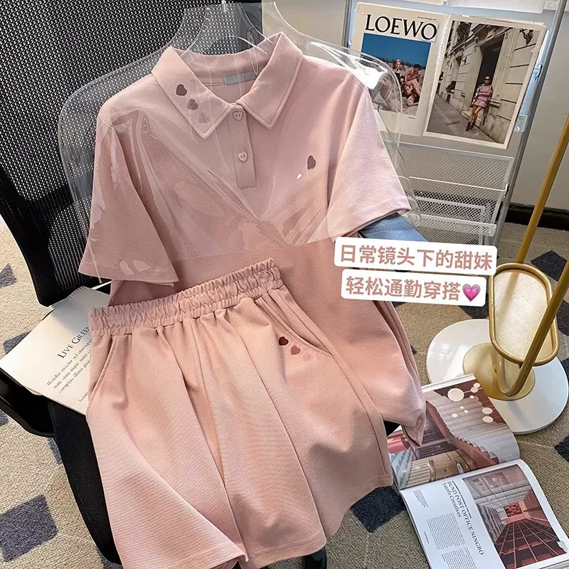 夏季时尚休闲套装刺绣花翻领运动学生大码短袖T恤女装短裤两件套