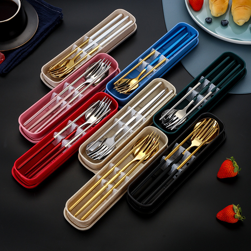 Cross-Border Stainless Steel Portuguese Tableware Portable Set Travel Outdoor Student Spoon Fork Chopsticks Portable Gift Box