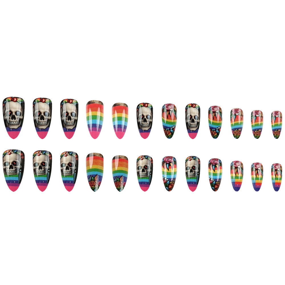 Nueva armadura de vestir de Halloween, rayas de arco iris, flores, calavera, uñas, 24 piezas, pegatinas de uñas de comercio exterior