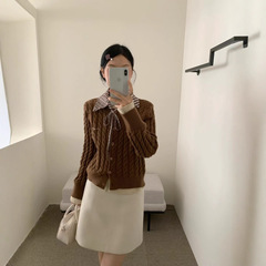 韩系温柔风假两件麻花针织开衫可拆卸格子领减龄百搭毛衣上衣女装