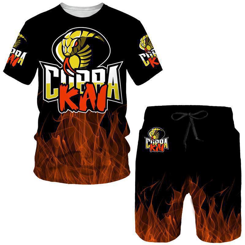 Cross-Border Cartoon Cobra Kai Digital 3D Printed Men's T-Shirt and Shorts Set, Round Neck, Loose Casual Sportswear Cross-Border Cartoon Cobra Kai Digital 3D Printed Men's T-Shirt and Shorts Set, Round Neck, Loose Casual Sportswear